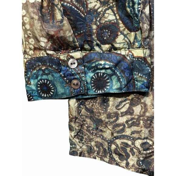 Chicos Silk Boho Button-Up Blouse Green Teal Brown Floral XL Artsy Comfort Loose - Picture 6 of 14
